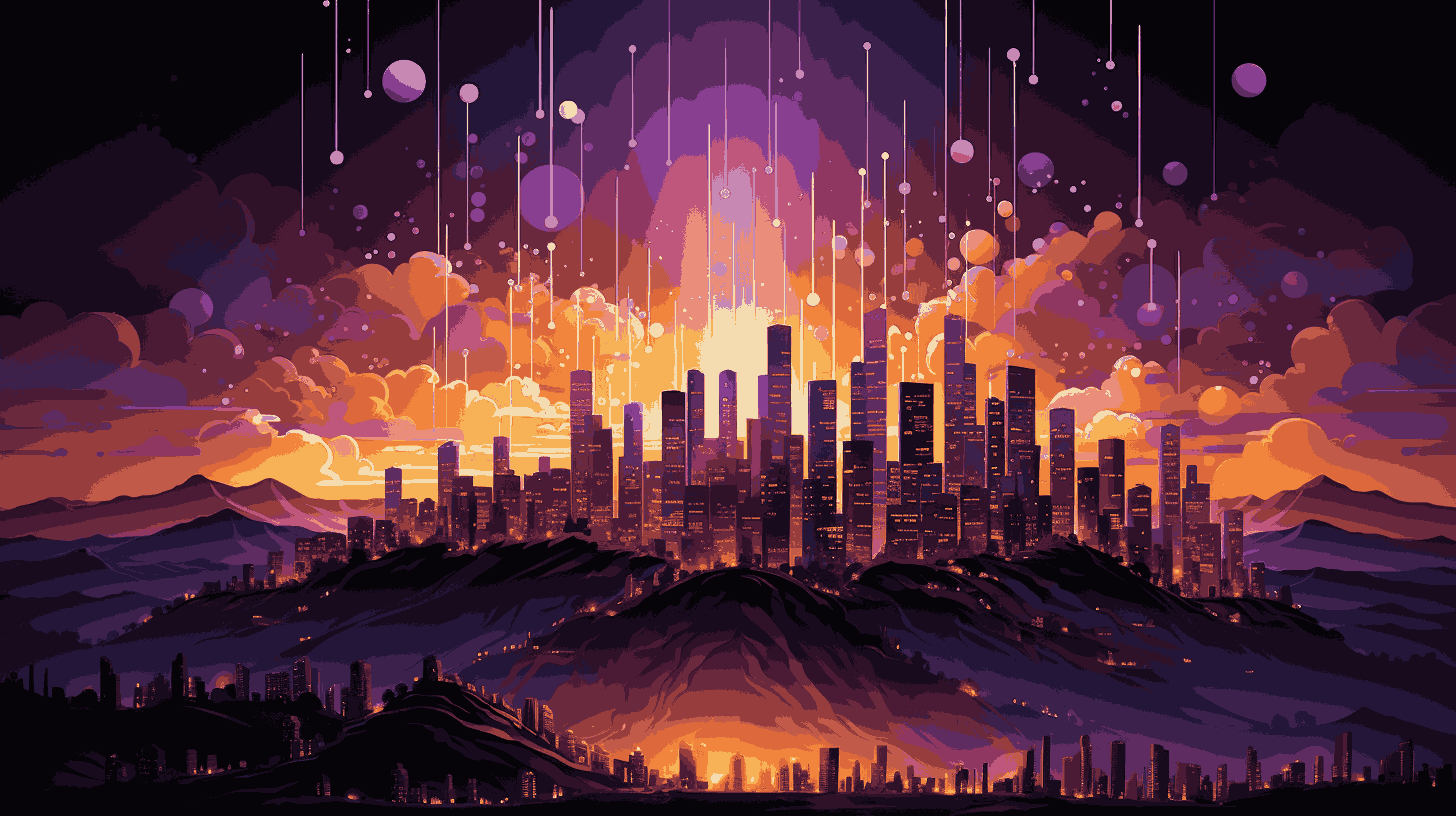 A digital painting of a city skyline with mountains in the background.